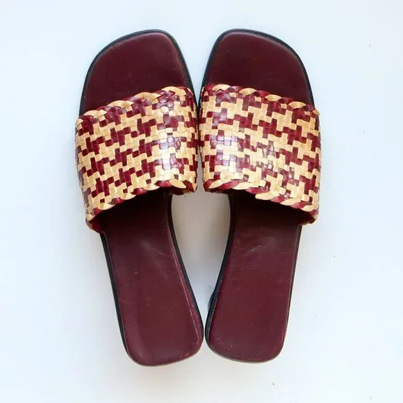 Handcrafted Burgundy Raffia Block Heel Mule Sandals Woven Boho Summer Shoes 7 - Picture 2 of 16